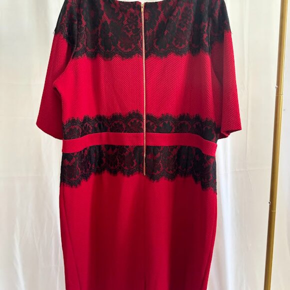Danny and Nicole Women's Plus 24W Red Dress with Lace Overlay at Neck and Waist - Picture 4 of 8